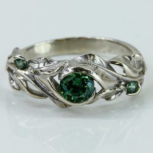 10k White Gold Green Stone Leaves Ring